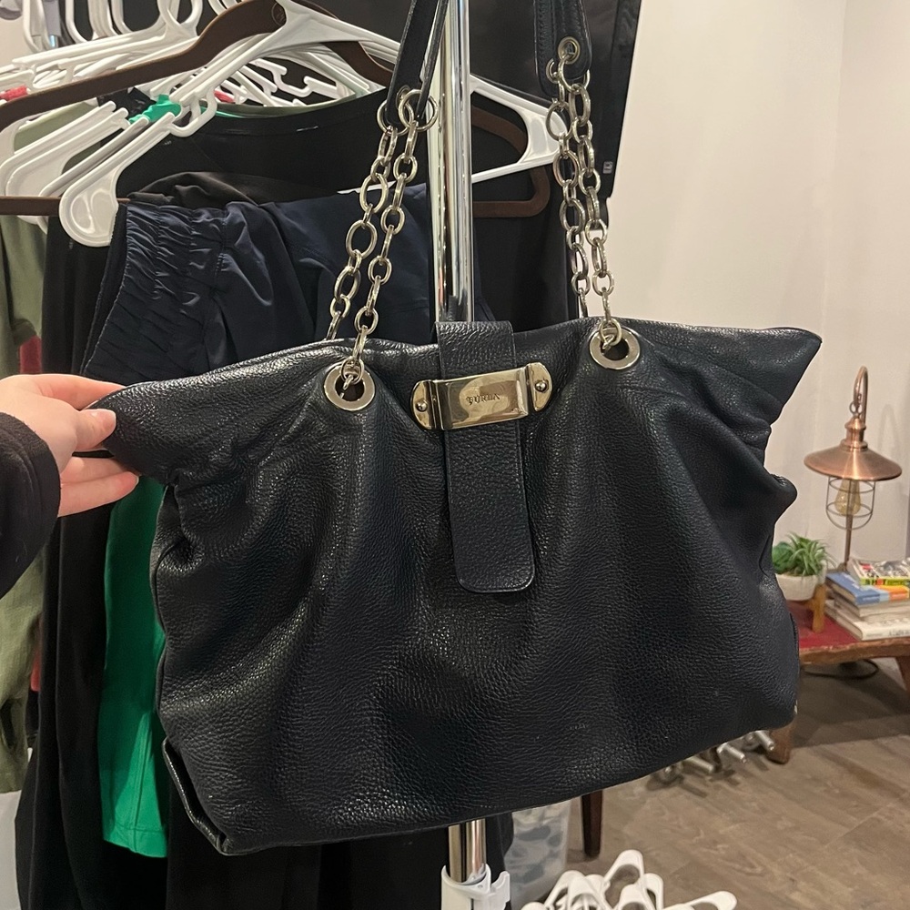 Leather FURLA navy tote bag with silver hardware